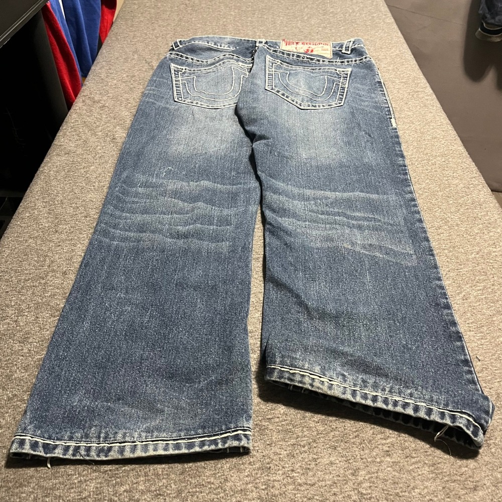 True Religion Ricky Super T Jeans Mens 38x30 Made in USA Blue Contrast Stitch